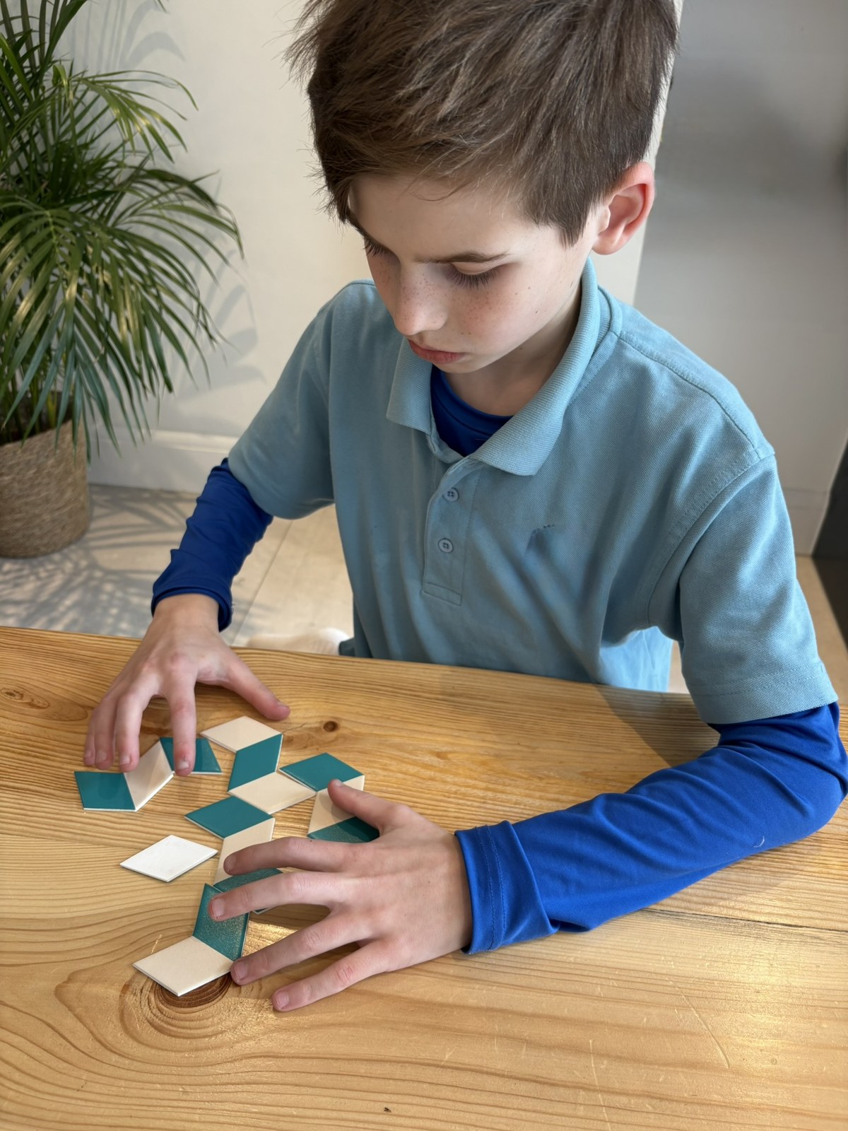 A boy concentrating on a hands-on activity at a table